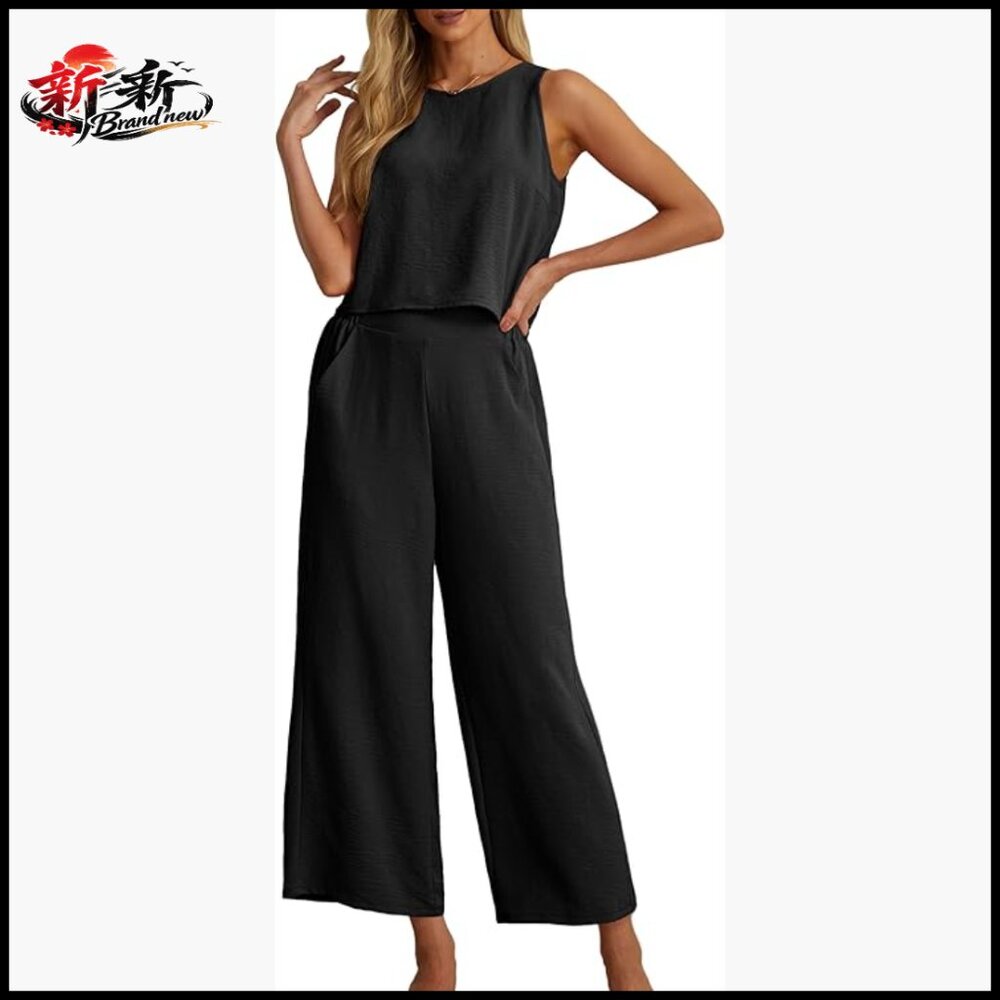 Polyester Jumpsuit Set With Sleeveless Crop Top And Wide Leg Pants